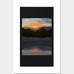 Radiant Mountain sunset by a lake with reflections Posters and Art